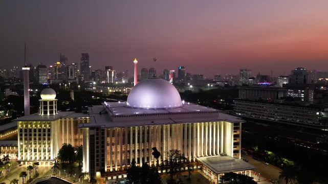 Beautiful aerial view of Istiqlal Mosque at dusk