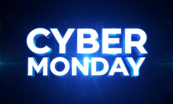 Cyber Monday is a day for online shopping. A blue background with the words "Cyber Monday" in white letters. The design is futuristic and includes a lot of blue and white colors