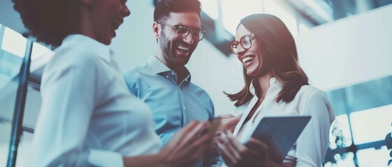 Three colleagues share a light-hearted moment and laugh together in a corporate office, promoting a positive, collaborative work environment.