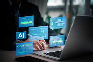 Businessperson working with AI-powered financial data analysis tools, showcasing advanced technology in finance. Ideal for fintech, AI research, and technology