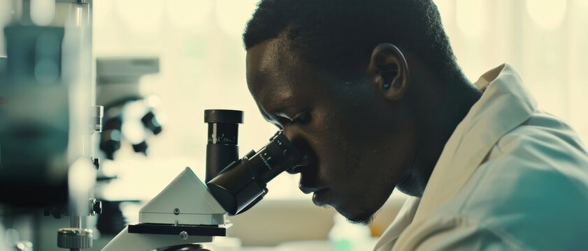 A scientist peers into a microscope in a bright laboratory, symbolizing diligent research, scientific inquiry, and the pursuit of knowledge.