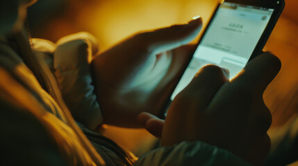 Close-up of holding a mobile phone outdoors. A young man holding a mobile phone on a dark background.