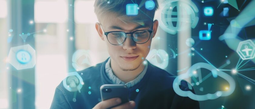 A young man with glasses focuses on his phone as holographic icons float around, symbolizing connectivity and technology.