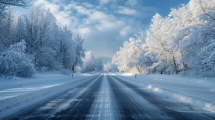 A snowy road winding through a forest on a bright winter day.