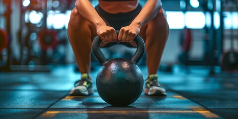 Naklejka premium A woman is squatting down and holding a kettlebell. Concept of strength and determination as the woman prepares to lift the heavy weight