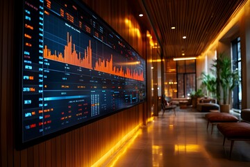 Fototapeta premium A large screen displaying stock market data in a modern office lobby.