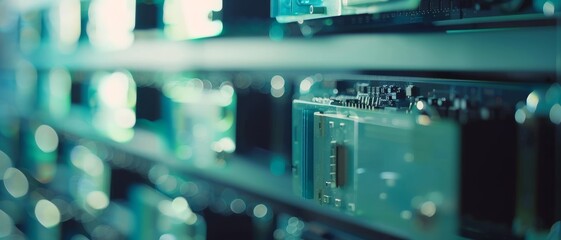 Close-up of server racks displaying intricate computer hardware, glowing softly in ambient light, conveying a sense of advanced technology and connectivity.