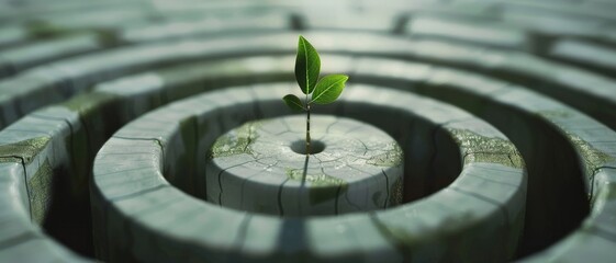 A solitary green plant grows at the center of a stone maze, symbolizing resilience, hope, and the journey through life's challenges.