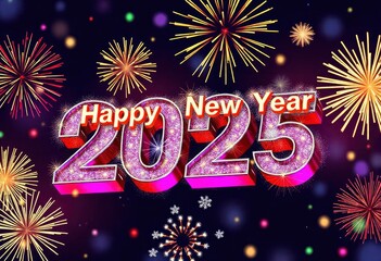 3D rendering of the text 'Happy New Year 2025' in bold, colorful letters with a sparkling effect, surrounded by festive fireworks in a night sky, ai