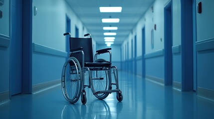 Empty wheelchair in hospital corridor. Health care concept. Disability concept with copy space for text.