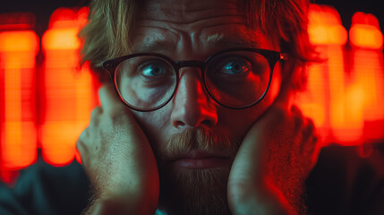 Stock broker in shock at a sudden market collapse, surrounded by red graphs and falling stock prices, head in hands, overwhelmed by the financial crisis