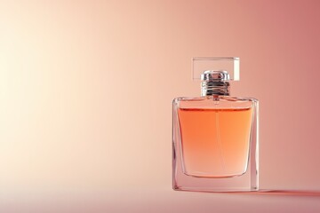 Artistic display of a clear perfume bottle against a soft pink background