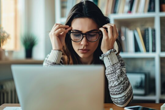 Young woman with glasses working on a laptop. Conceptual depiction of remote work or study. Cozy home office setup, focused and determined expression. Generative AI