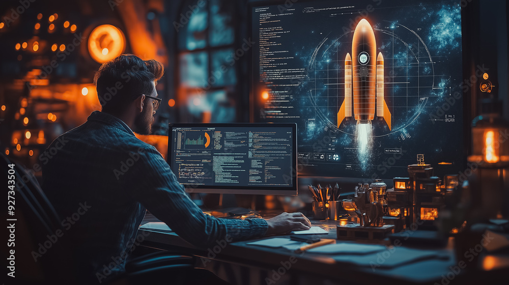 Poster a person working at a computer with a large screen showing a rocket launching into space