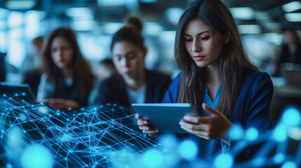 Business team of various backgrounds engaged in a creative meeting, using a tablet to connect and analyze project data, bright and inclusive office setting, collaboration and innovation