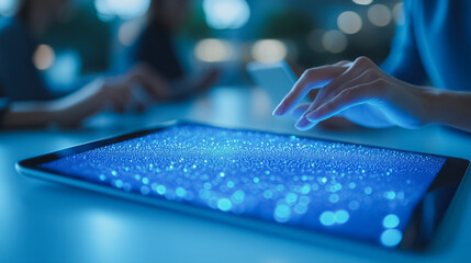 Business team of various backgrounds engaged in a creative meeting, using a tablet to connect and analyze project data, bright and inclusive office setting, collaboration and innovation