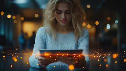 Group of business professionals from various backgrounds in a collaborative meeting, using a tablet for project discussion, focused on teamwork and connection, innovative and inclusive workspace