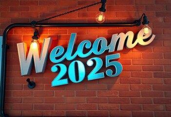 3D rendering of the text 'Welcome 2025' in bold, metallic letters, illuminated with colorful neon lights, set against a dark, starry night sky backdrop., ai