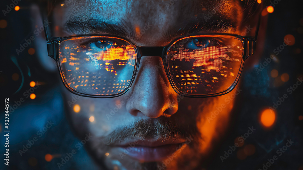 Poster man's portrait in the metaverse, using a smartphone with interactive streams of digital interfaces f
