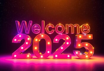 3D rendering of the text 'Welcome 2025' in bold, metallic letters, illuminated with colorful neon lights, set against a dark, starry night sky backdrop., ai