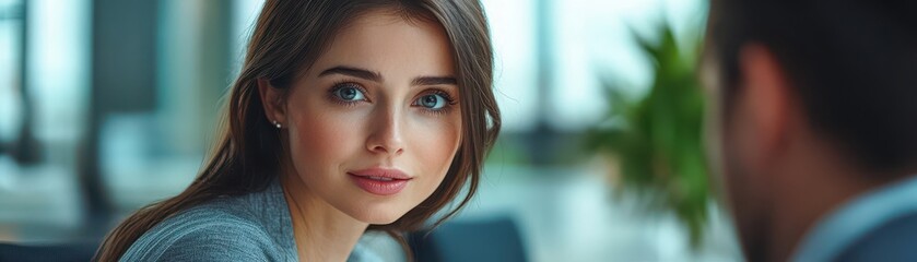 Obraz premium Professional Businesswoman in Modern Office Setting Engaging in a Meeting with a Colleague