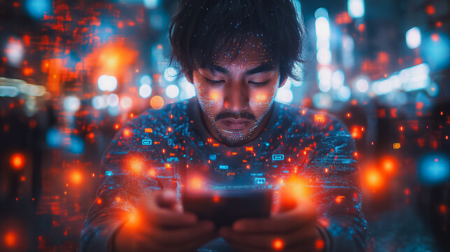 Portrait of a Caucasian man exploring the metaverse on his smartphone, surrounded by floating interfaces of social media, shopping, and gaming, immersive visualization of the internet