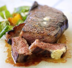 food, meat, meal, dinner, plate, dish, fried, grilled, beef, steak, cuisine, lunch, restaurant, salad, closeup, roast, gourmet, vegetable, green, white, vegetables, cooked