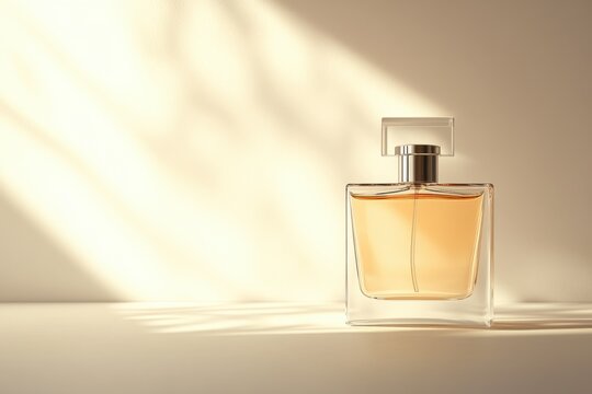 Artistic composition of a perfume bottle illuminated by soft natural light on a minimalist background