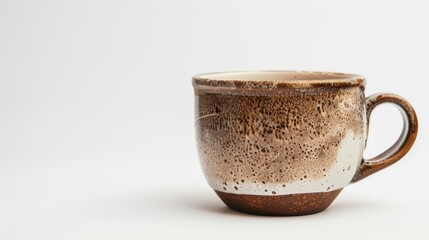 Simple and elegant handmade ceramic coffee mug in brown and white, set against a clean white background