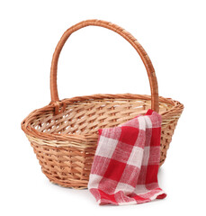 One picnic wicker basket with checkered napkin isolated on white