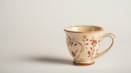 Teacup with floral pattern on white background, symbolizing simplicity and elegance in its emptiness