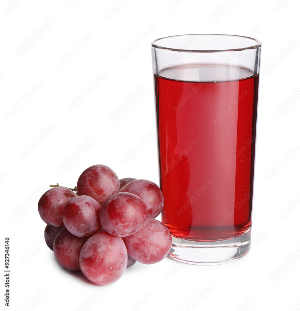 Wall mural tasty juice in glass and fresh grapes isolated on white