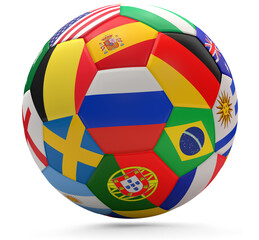 soccer ball with flags soccer football teams, flag design on ball, isolated, 3d-illustration