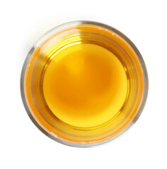 Tasty grape juice in glass isolated on white, top view