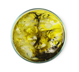 Petri dish with bacteria isolated on white, top view