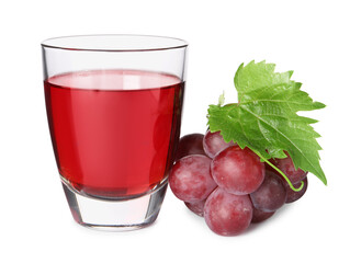 Tasty grape juice in glass, leaf and berries isolated on white