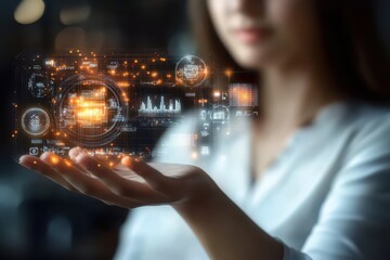 Finance Interface. Businesswoman holding glowing digital finance inter