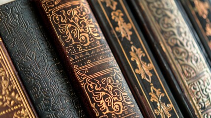 Close up of a row of antique books with intricate gold tooling on the spines, suggesting knowledge and history