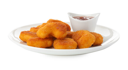 Tasty chicken nuggets with chili sauce isolated on white