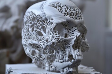 Close up of a white, elaborately detailed 3d printed human skull model