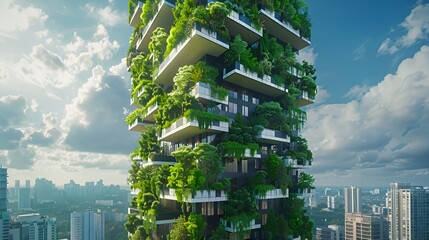 Obraz premium Green building with lush vegetation on balconies and walls against a blue sky with white clouds.