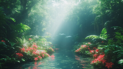 Obraz premium Robot animals roaming freely in a dense jungle, vibrant green leaves, exotic flowers, dappled sunlight, natural and mechanical life coexisting, cinematic wide shot