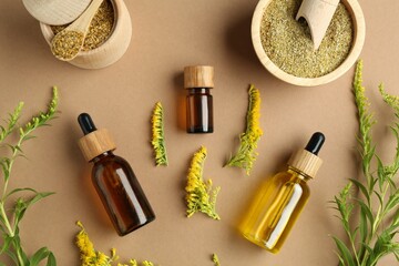 Tinctures in bottles and medicinal herbs on pale brown background, flat lay