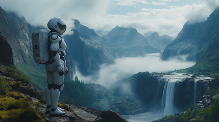 A silver robot exploring a misty mountain landscape, surrounded by waterfalls and ancient trees, cinematic lighting, natural harmony