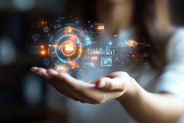 Holo Display. Futuristic digital interface hologram glowing blue orang