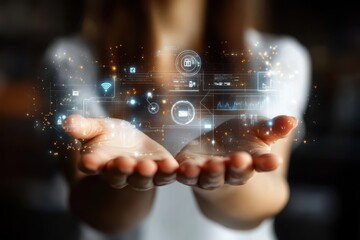 Tech Interface. Woman hands glowing hologram futuristic technology int