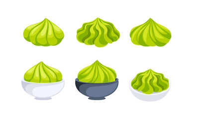 Set of six illustrations showing wasabi sauce in different styles and being served in different bowls