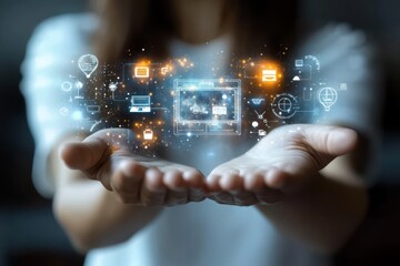 Marketing Hands. Businesswoman hands holding digital marketing icons t