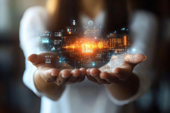 Hand of woman holding a hologram of educational reform, showcasing personalized learning paths, AI-driven tutoring, and digital classroom management tools.