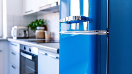 Retro Style Blue Refrigerator with Stainless Steel Handles in Modern Kitchen Interior, Highlighting a Perfect Blend of Vintage Design and Contemporary Household Appliance Aesthetics